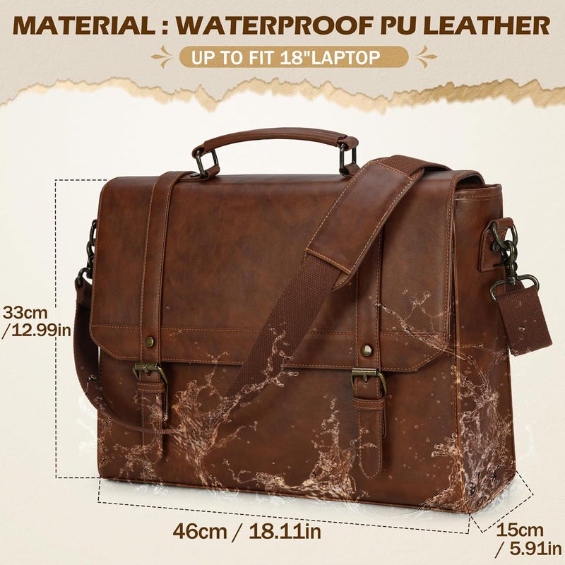 IGOLUMON Messenger Bag for Men 18 inch Vintage Leather Waterproof Laptop Briefcase Large Computer Laptop Bag Leather Satchel Bag Retro Shoulder Bag for Office Business Travel College, Brown - Image 2